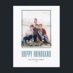 Postal Festiva Marco fotográfico moderno Happy Hanukkah<br><div class="desc">¡Feliz Hanukkah! Envíe los deseos de Hanukkah a la familia y amigos con esta postal moderna de personalizable de Hanukkah. Presenta una tipografía moderna y un marco fotográfico sencillo. Personalice agregando nombres y una foto. Esta simple postal de Happy Hanukkah está disponible en otras cajas.</div>