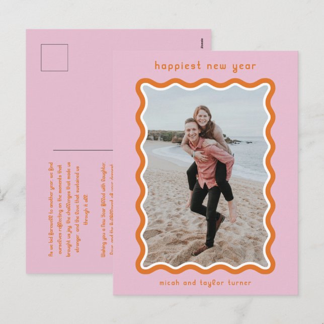 Postal Festiva Marco ondulado rosa y Naranja más feliz año nuevo (Anverso / Reverso)
