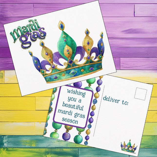 Postal Festiva Mardi Gras Greeting with Crown and Beads (Customize this Mardi Gras postcard featuring a cute Mardi Gras Crown and Mardi Gras beads.)