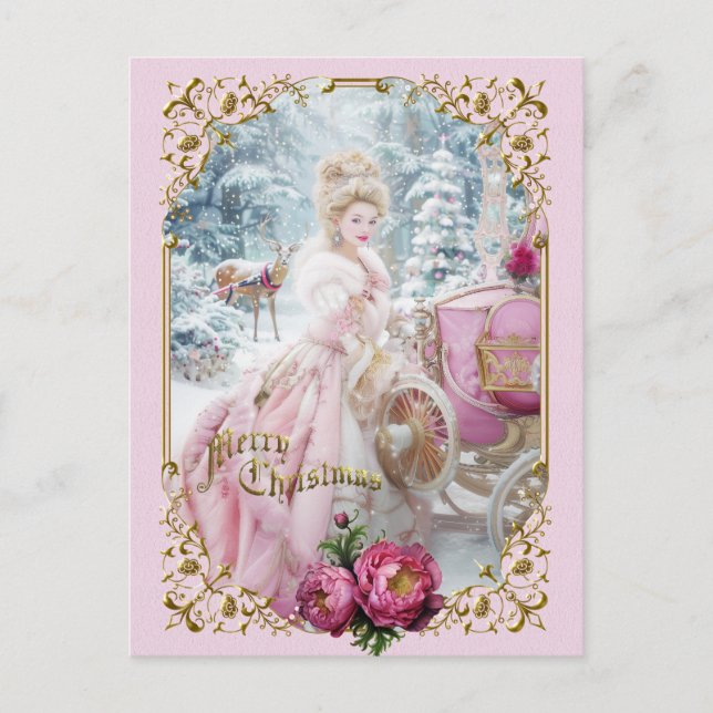 Postal Festiva Marie Antoinette pink carriage deer Christmas card (Anverso)
