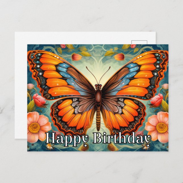 Postal Festiva Mariposa Artista Whimsical Feliz cumpleaños (Anverso / Reverso)