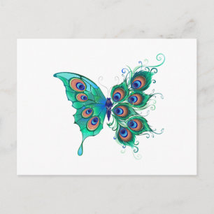 Postal Festiva Mariposa con plumas de pavo real verde