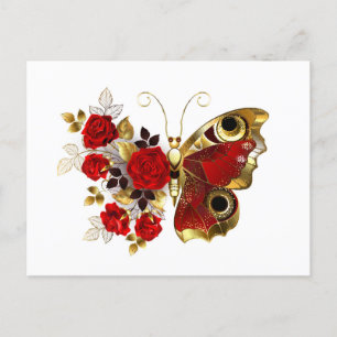 Postal Festiva Mariposa de flor roja con rosas rojas