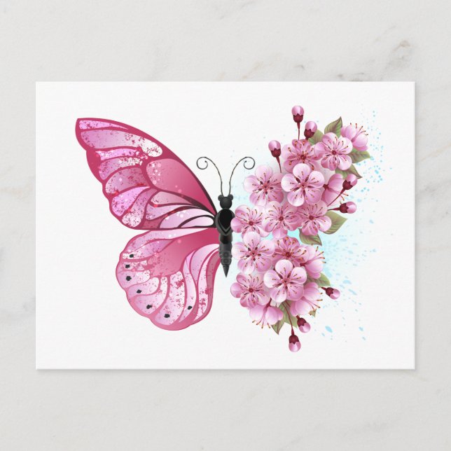 Postal Festiva Mariposa de flores con Sakura rosa (Anverso)