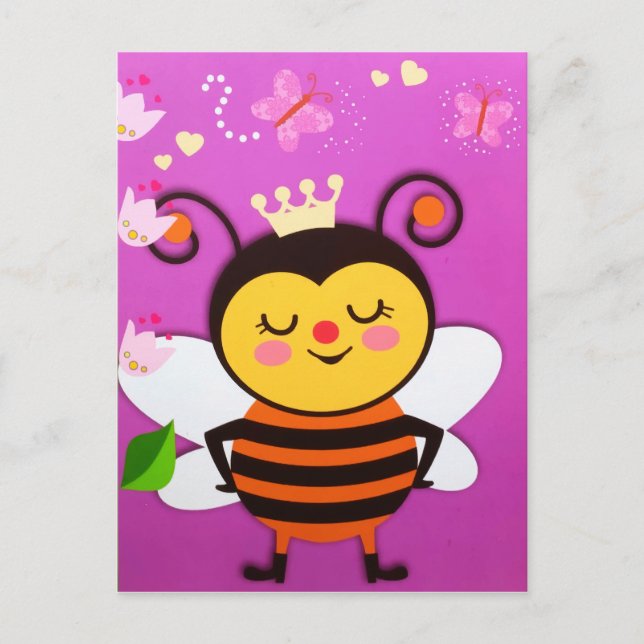 Postal Festiva Mariposa Reina Feliz Pequeña Abeja Flor (Anverso)