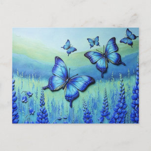 Postal Festiva Mariposas Azules con Flores Azules,