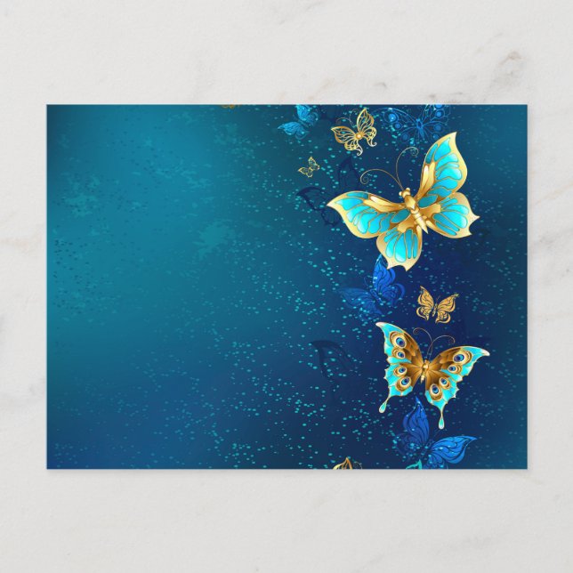 Postal Festiva Mariposas doradas sobre fondo azul (Anverso)