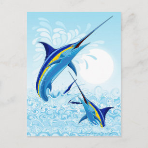 Postal Festiva Marlín Azul Saltando del Océano