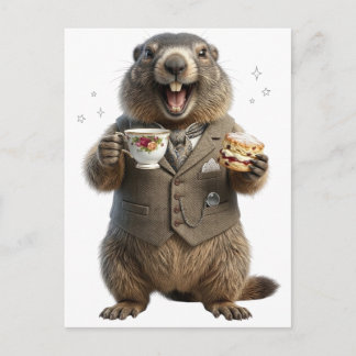 Postal Festiva Marmota bebiendo té