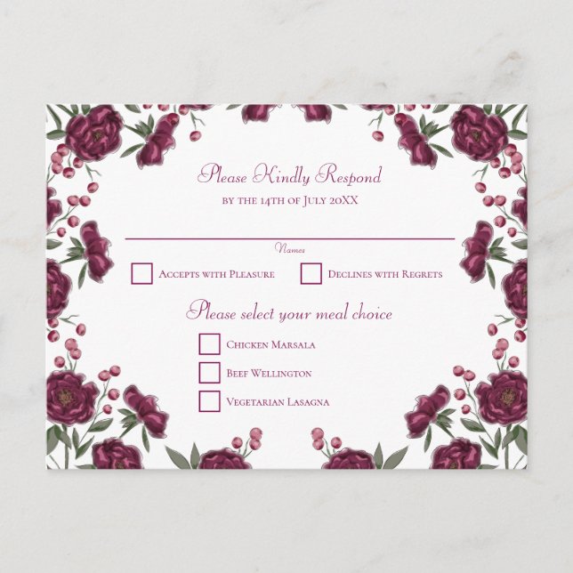 Postal Festiva Maroon Rose Wedding RSVP (Anverso)