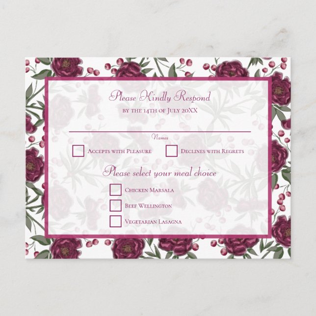 Postal Festiva Maroon Rose Wedding RSVP (Anverso)
