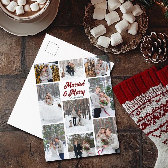 Postal Festiva Married & Merry Christmas Couple Photo Collage (Subido por el creador)