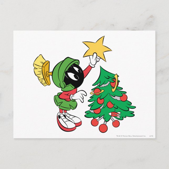 Postal Festiva MARVIN MARTIAN™ pone estrella en el árbol (Anverso)