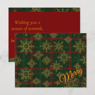 Postal Festiva Marzo Steampunk Snowflake Tartán rojo y verde