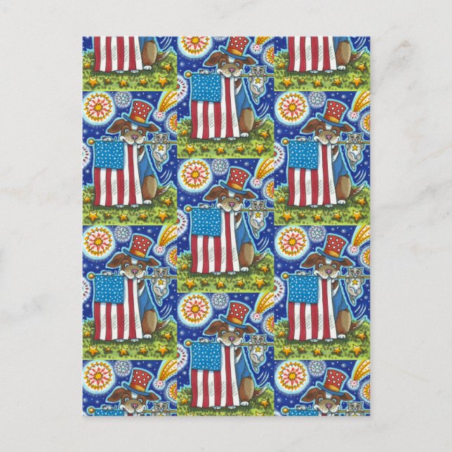 POSTAL FESTIVA MASCOTA DE BANDERA PATRIÓTICO PERRO GATO MOUSE, DI (Anverso)