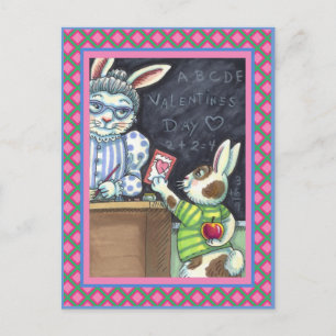 POSTAL FESTIVA MASCOTA DE PROFESOR, APPLE & VALENTINE BUNNY RABBI