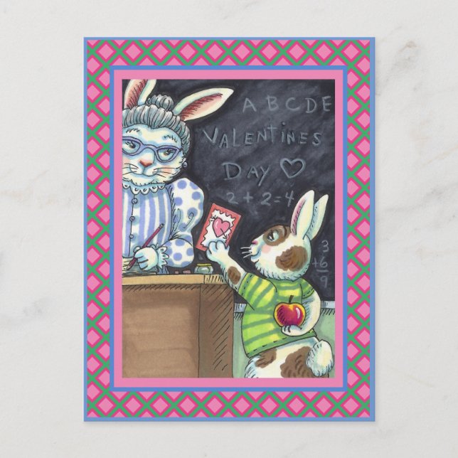 POSTAL FESTIVA MASCOTA DE PROFESOR, APPLE & VALENTINE BUNNY RABBI (Anverso)