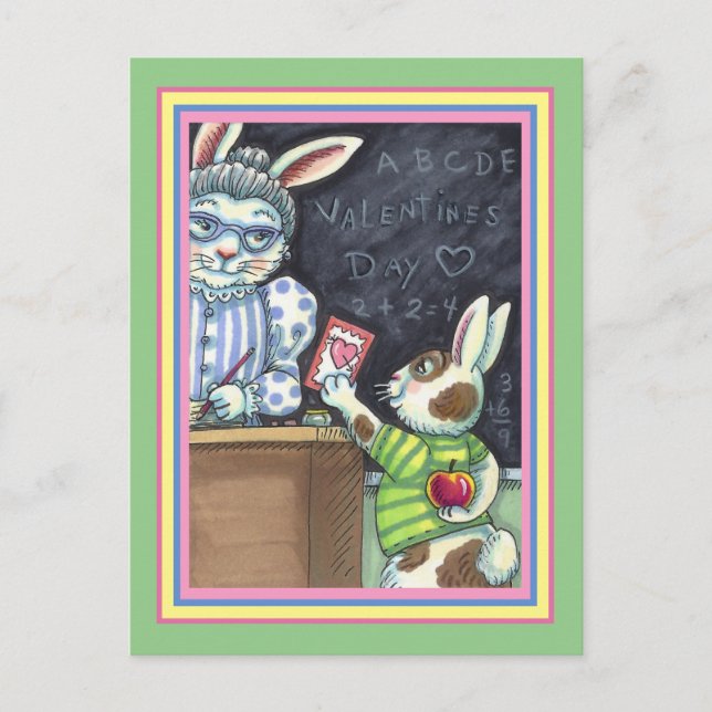 POSTAL FESTIVA MASCOTA DE PROFESOR, APPLE & VALENTINE BUNNY RABBI (Anverso)