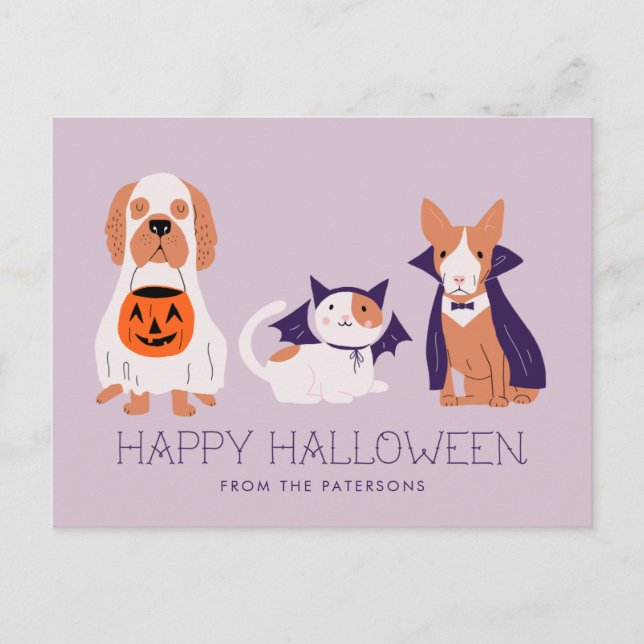 Postal Festiva Mascotas curos en disfraz Feliz Halloween (Anverso)
