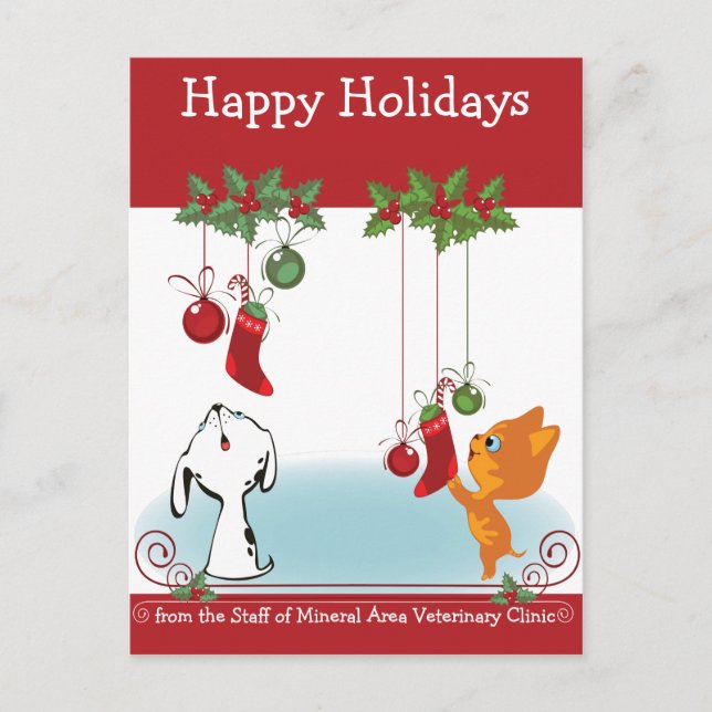 Postal Festiva Mascotas De Saludo De Vacaciones De Su Clínica Vet (Anverso)
