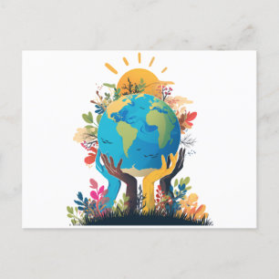 Postal Festiva Medio ambiente - Ilustracion terrestre con mano y 