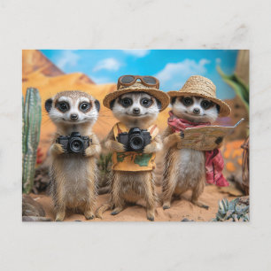 Postal Festiva Meerkats vestidos como turistas con cámaras y mapa