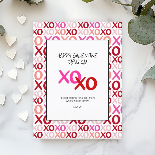 Postal Festiva Mejores amigos de las modernas galentinas rosadas  (Modern XOXO Pink and Red Galentines Best Friends Holiday Postcard)
