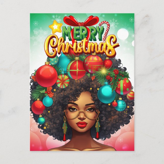 Postal Festiva Melanin, mujer negra, árbol de Navidad, adornos na (Anverso)