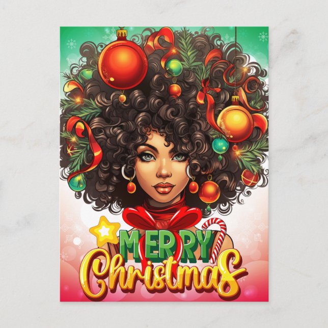 Postal Festiva Melanin, mujer negra, árbol de Navidad, adornos na (Anverso)