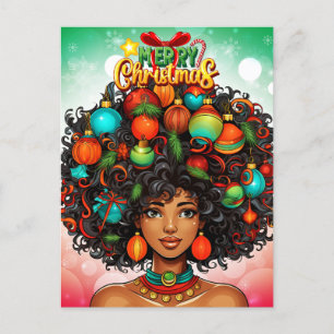 Postal Festiva Melanin, mujer negra, árbol de Navidad, adornos na