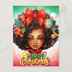 Postal Festiva Melanin, mujer negra, árbol de Navidad, adornos na