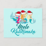 Postal Festiva Mele Kalikimaka Mermaid Christmas Cute Hawaiian<br><div class="desc">Mele Kalikimaka Mermaid postcard. A cute Hawaiian Merry Christmas card featuring 3 pretty mermaids wearing Santa hats and green bikinis above the ocean blue print. Beautiful beach themed holiday postcards.</div>