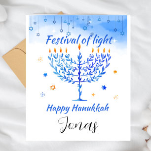 Postal Festiva Menorá azul personalizada del Festival de la Luz