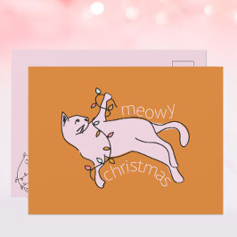 Postal Festiva Meowy Navidades Luces de gato rosadas