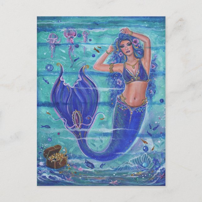 Postal Festiva Mermaids tesoro arte de Renee Lavoie (Anverso)