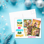 Postal Festiva Merry Bright Navidades coloridos 4 Collage de foto<br><div class="desc">Cuestas y alegres tarjetas de vacaciones de collage de fotos familiares con una colorida cadena de luces de Navidades envueltas alrededor de la fotografía de tus hijos. Que tus días sean amargos y brillantes escritos en negrita, de azul claro a tu apellido de rosa caliente. Un arcoiris de colores para...</div>