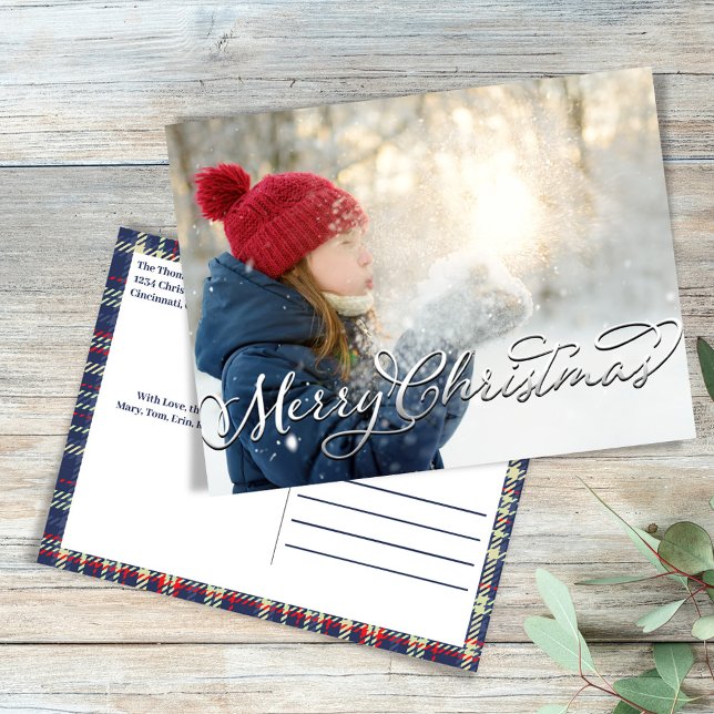 Postal Festiva Merry Christmas Caligraphy Script Navy Blue Plaid (Merry Christmas silver script photo postcard. )