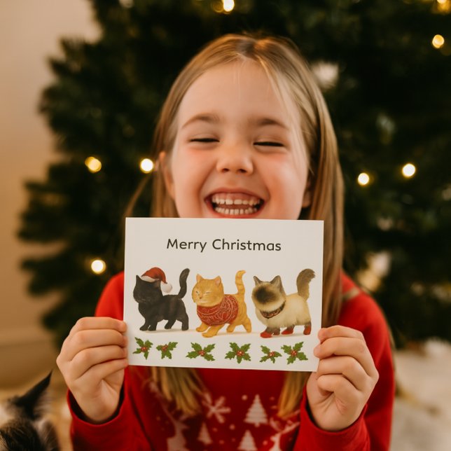 Postal Festiva Merry Christmas Cat Lover / Cute Cats  ( Joyful girl holding your festive cat-themed Christmas card. Anyone who likes cats will love it)