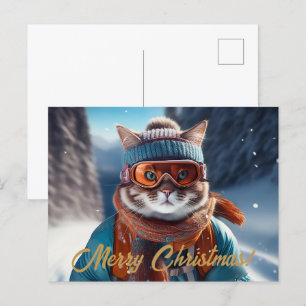 Postal Festiva Merry Christmas Cat ski