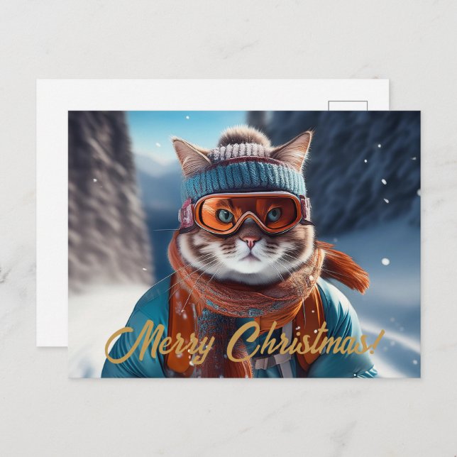 Postal Festiva Merry Christmas Cat ski (Anverso / Reverso)