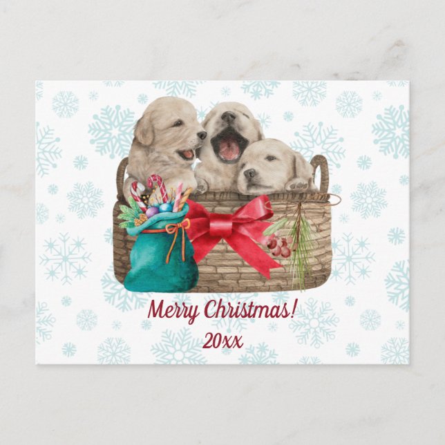 Postal Festiva Merry Christmas Cute Golden Retriever Cuppies (Anverso)