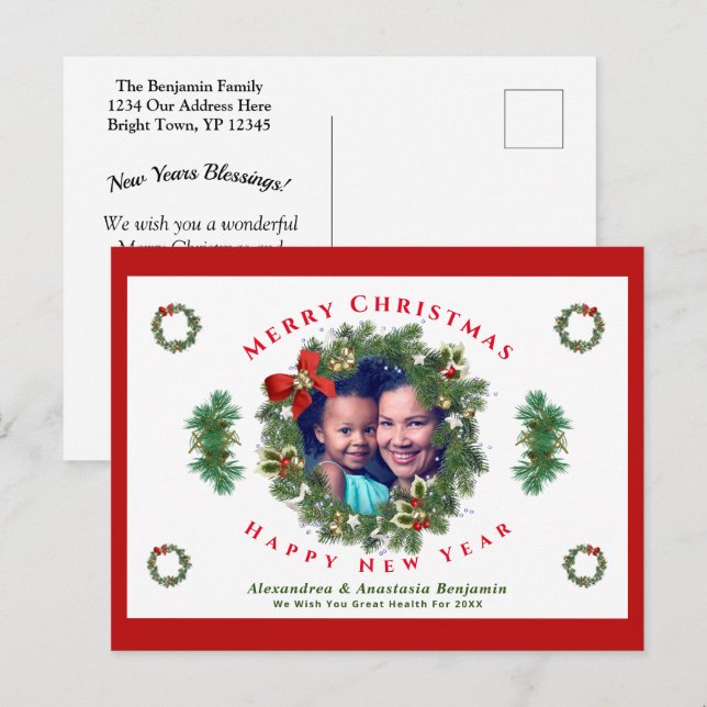 Postal Festiva Merry Christmas Happy New Year Family Photo Custom (Anverso / Reverso)