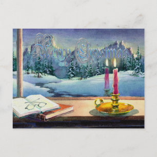 POSTAL FESTIVA MERRY CHRISTMAS LIBROS Y VELA DE SHARON SHARPE
