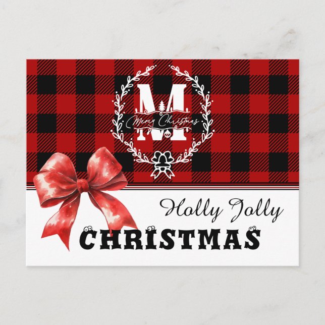 Postal Festiva Merry Christmas Monogram Wreath Buffalo Plaid (Anverso)