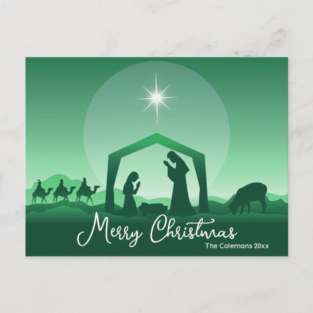 Postal Festiva Merry Christmas Nativity Scene Green Religious (Anverso)