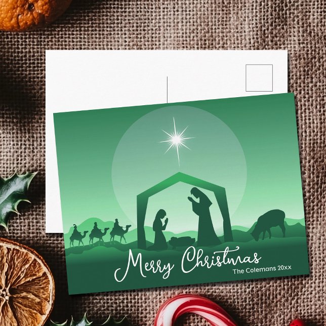 Postal Festiva Merry Christmas Nativity Scene Green Religious (Subido por el creador)