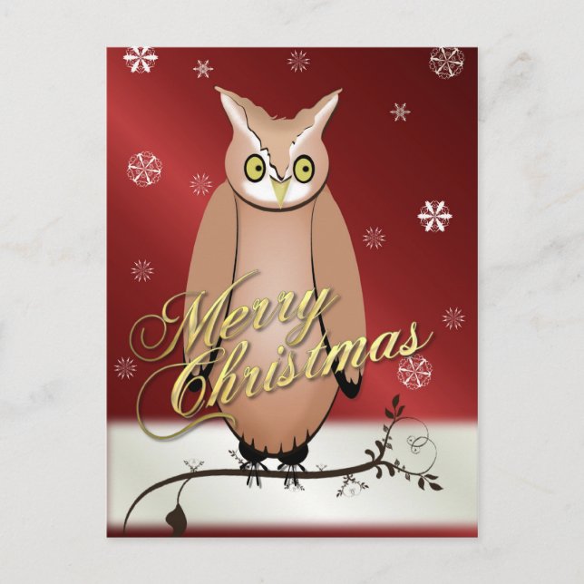 Postal Festiva Merry Christmas Owl Red Post Card Card (Anverso)