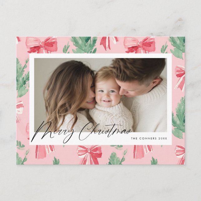 Postal Festiva Merry Christmas pink bows and green sprig (Anverso)