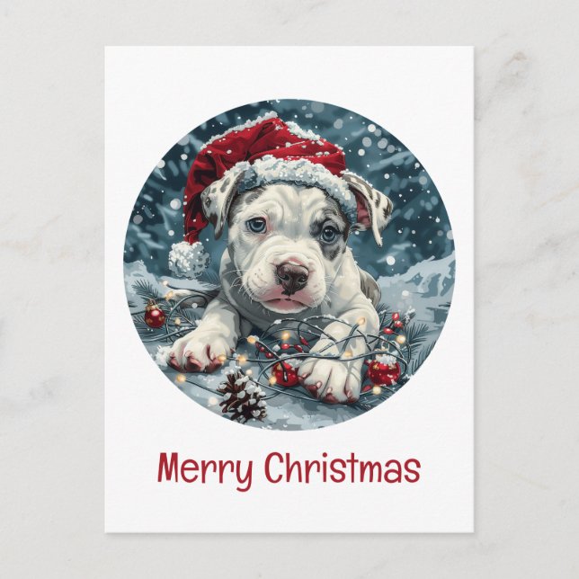 Postal Festiva Merry Christmas Pit Bull Santa Puppy (Anverso)
