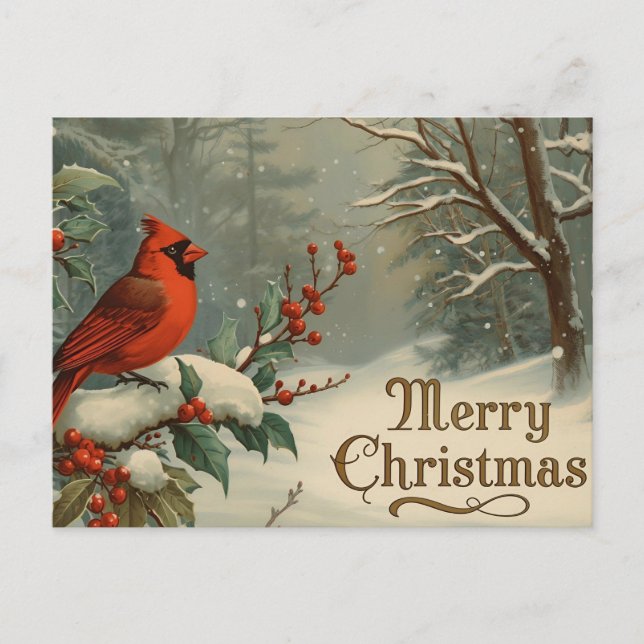 Postal Festiva Merry Christmas Red Cardinal and Winter Berries  (Anverso)